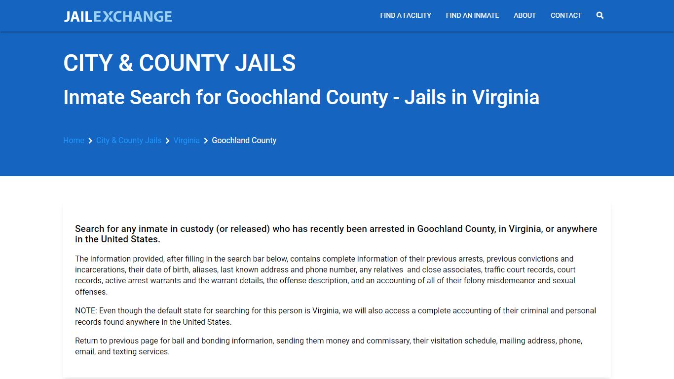 Locate an inmate in Goochland County, Virginia - Jail Exchange