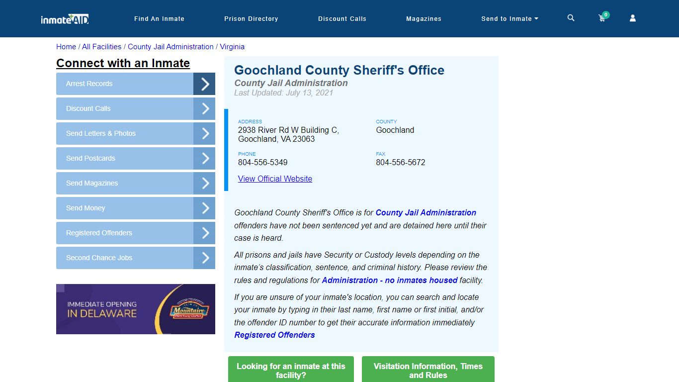 Goochland County Sheriff's Office - Inmate Locator | Visits - Goochland, VA